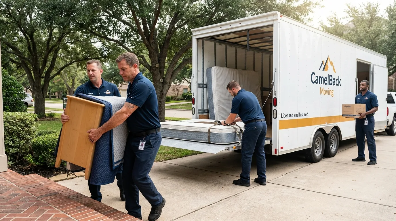 Crew loading residential truck for cross-state move from Exeter, CA