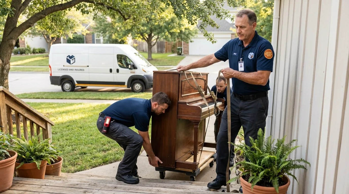 Licensed piano movers securing grand piano in Exeter, CA