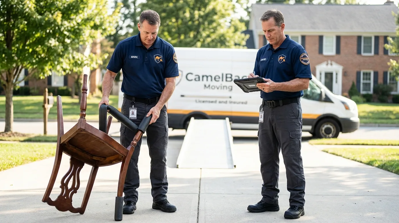 Movers inspecting furniture for damage prevention before loading in Exeter, CA