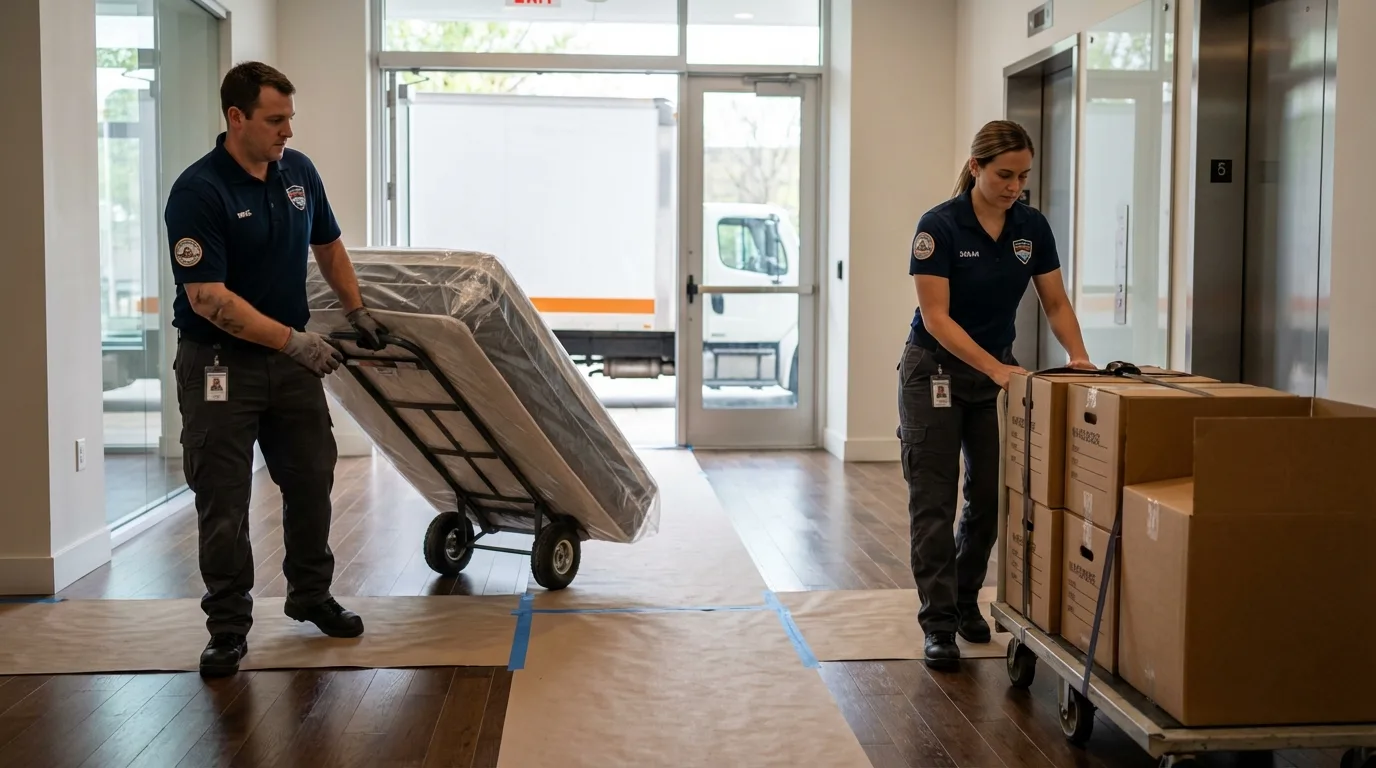 Professional apartment movers loading elevator in Exeter, CA