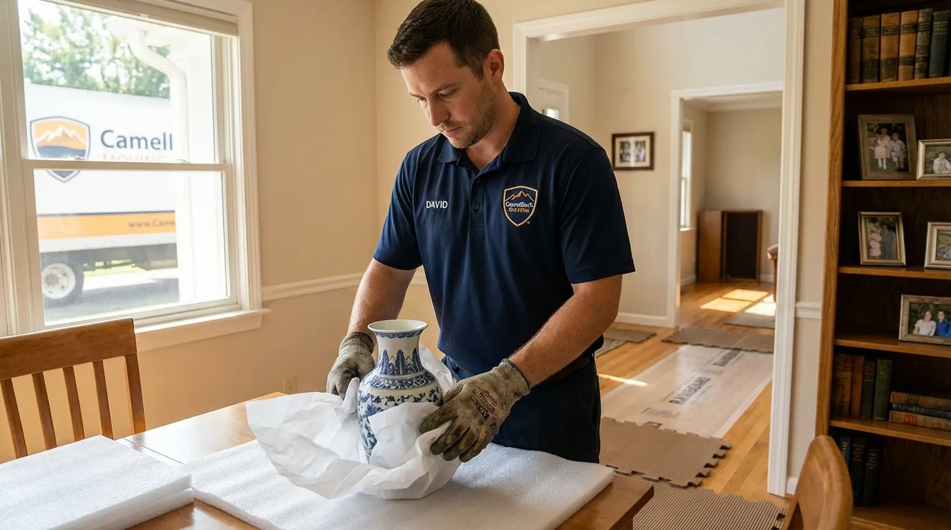 Professional crew carefully wrapping antique vase for senior downsizing move in Exeter, CA