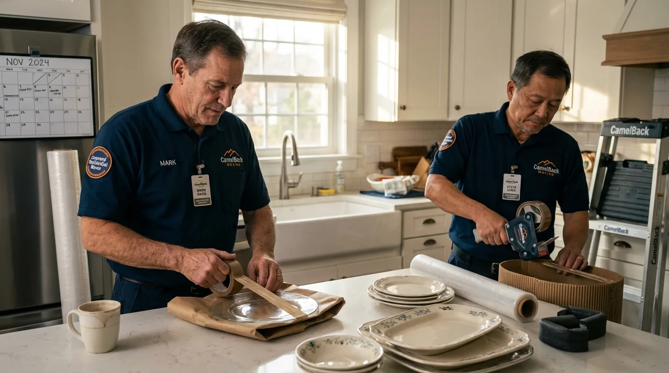 Professional crew packing kitchen dishware in Exeter, CA